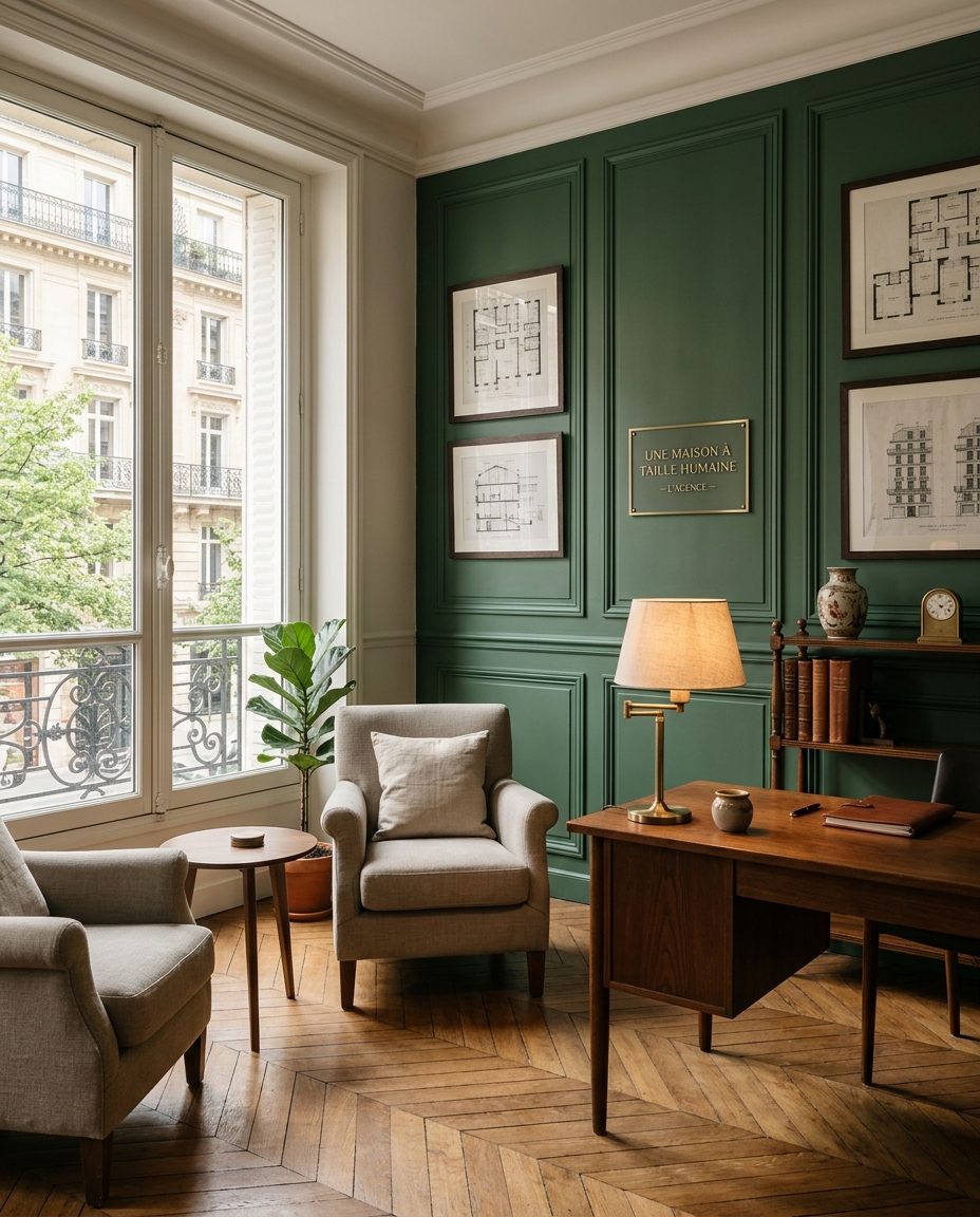 Intérieur de l'agence Edenel : bureau en chêne, plans d'immeubles encadrés, lumière douce