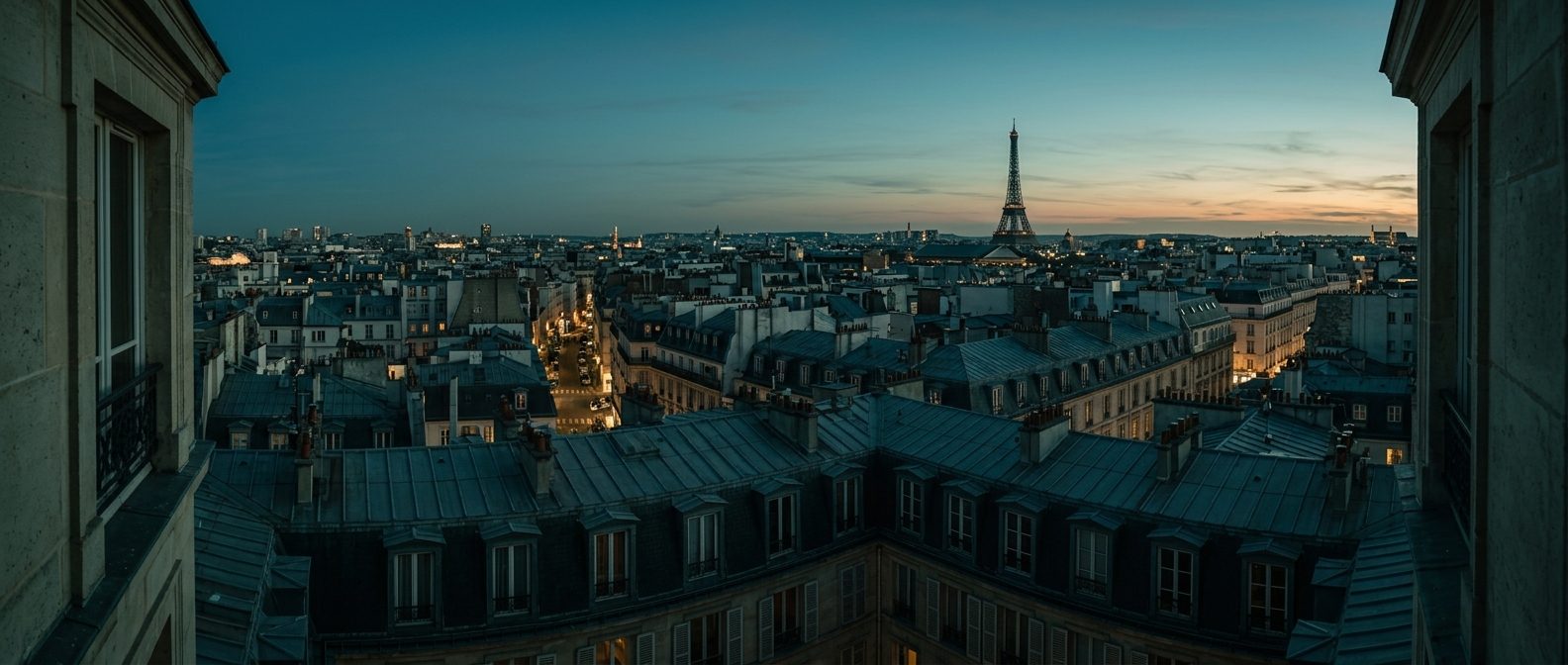 Vue plongeante sur les toits en zinc de Paris au petit matin, cheminées et lumière rasante