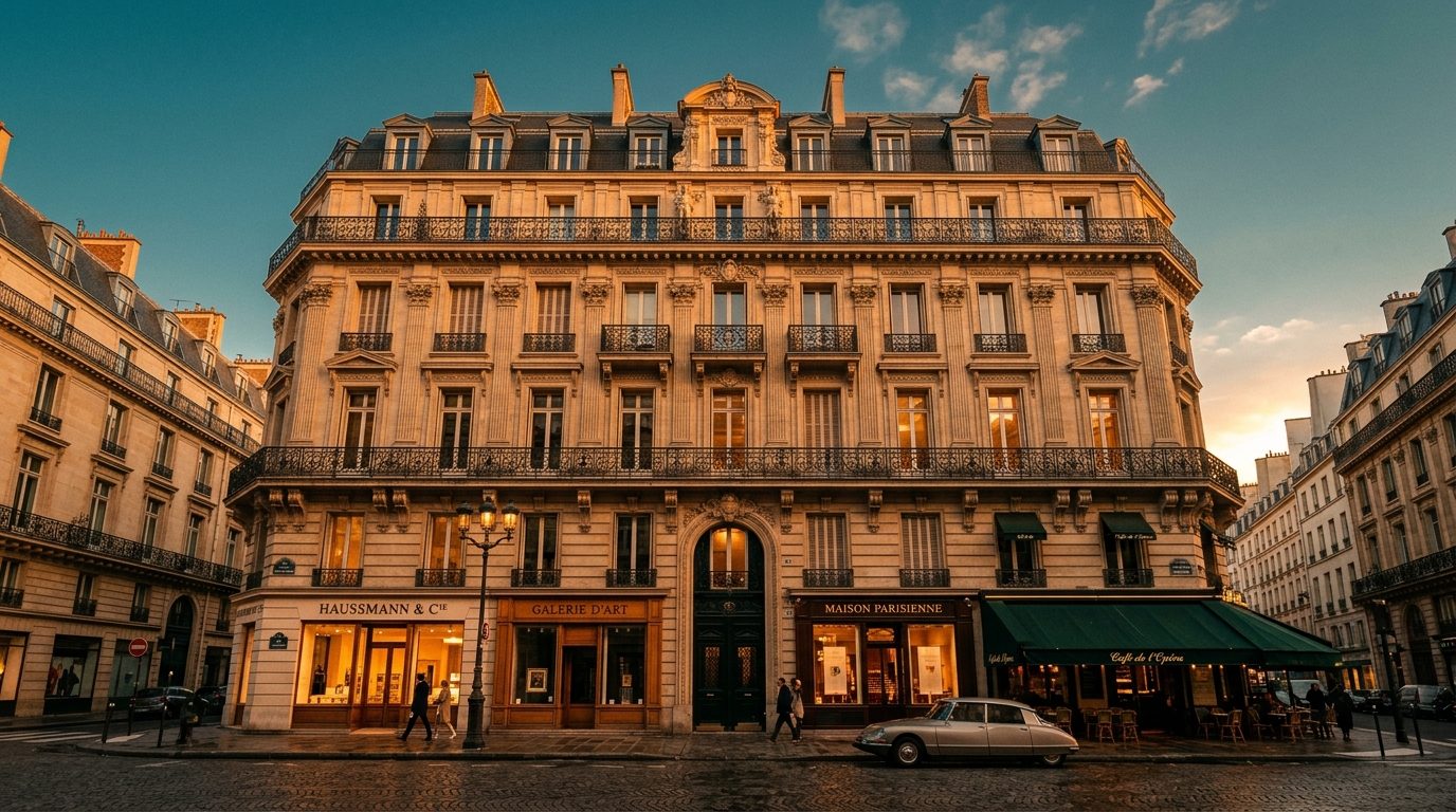 Façade haussmannienne en pierre de taille sous une lumière de fin d'après-midi, Paris