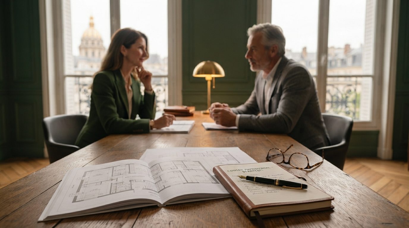 Conseiller Edenel faisant visiter un appartement haussmannien lumineux à un couple